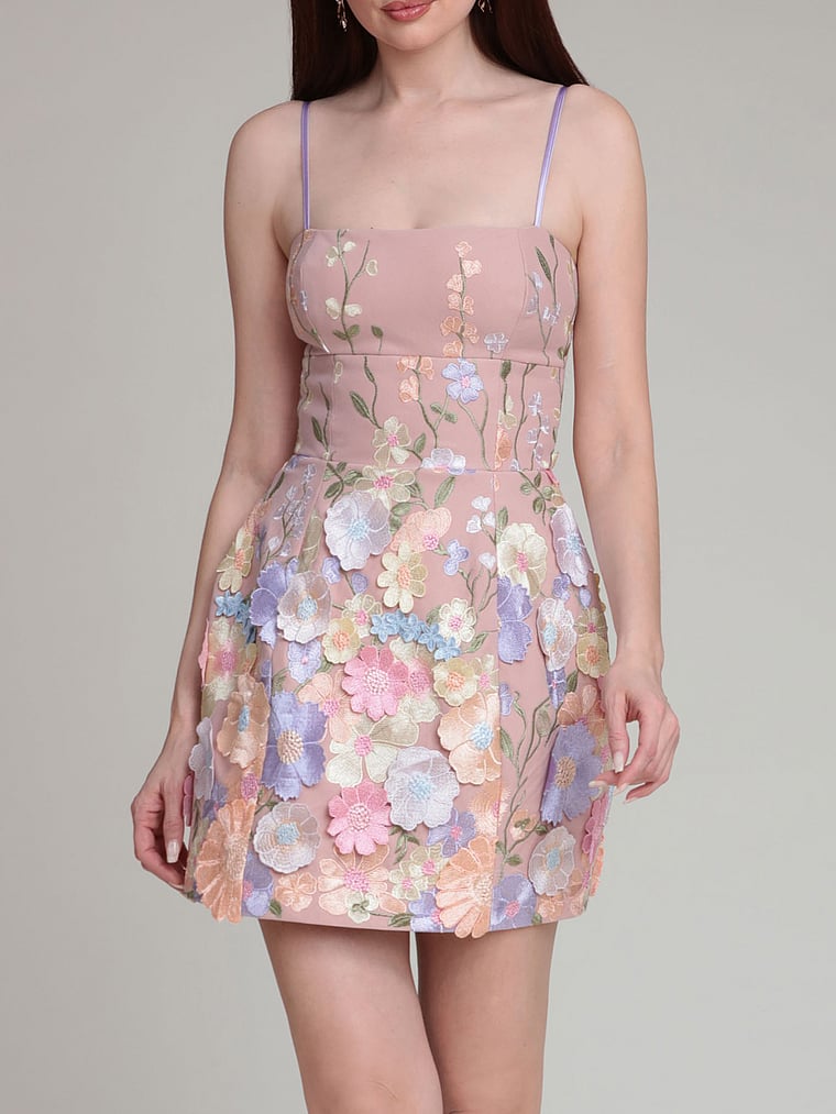 Floral Appliqué Embroidered Mini Dress