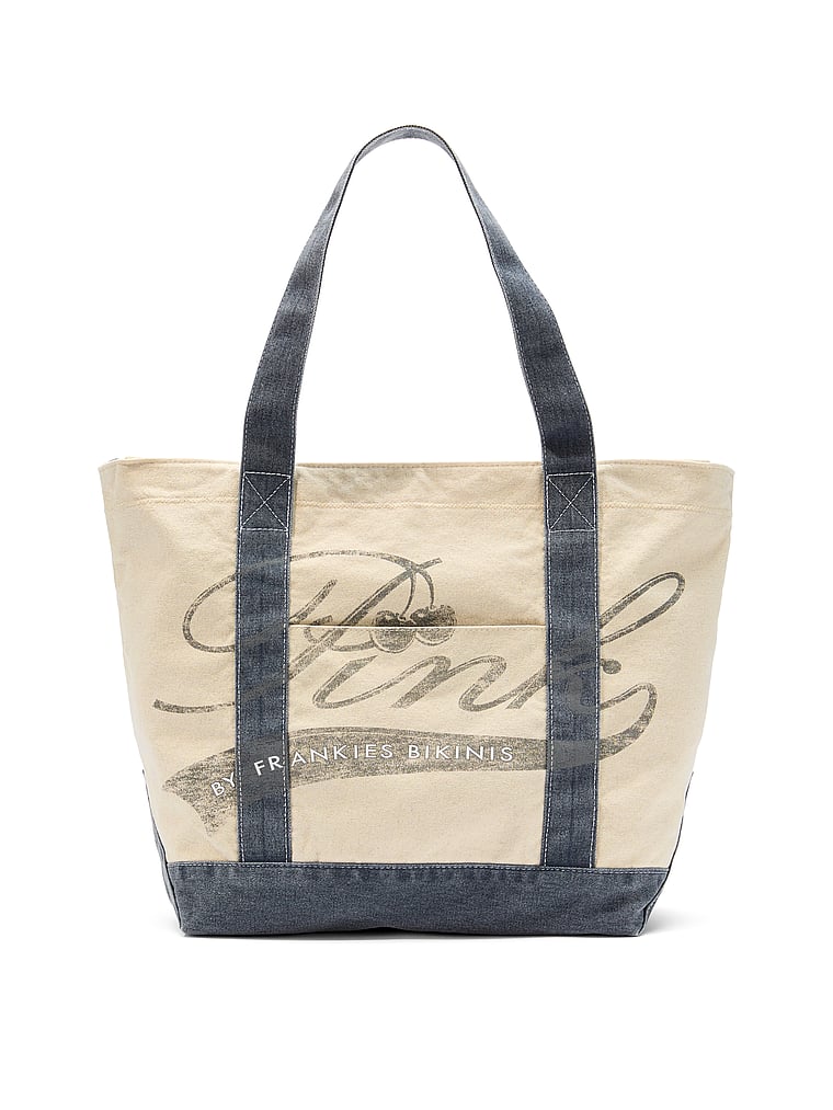 PINK by Frankies Bikinis PINK by Frankies Bikinis Canvas Tote Bag, Natural/Midnight Navy, onModelFront, 2 of 4