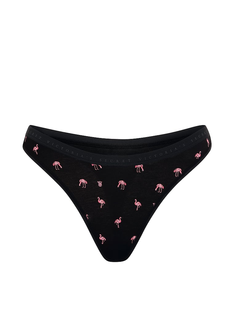 Victoria's Secret, Victoria's Secret Stretch Cotton High-Leg Scoop Thong Panty, Black Flamingo, offModelFront, 3 of 3