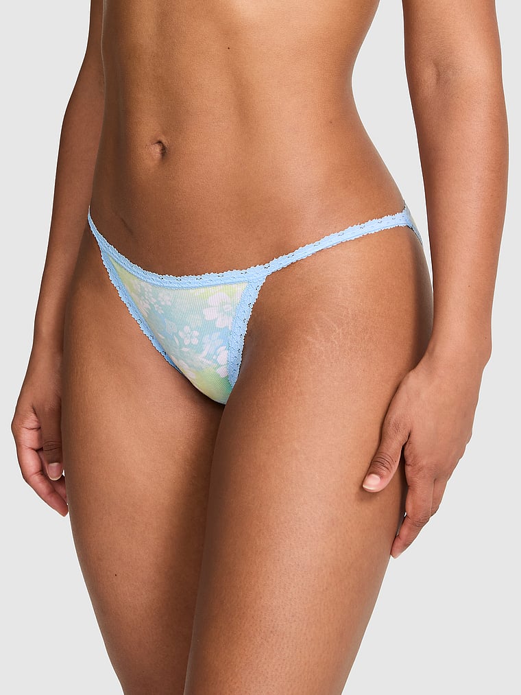 PINK PINK Wink™ Lace-Trim String Bikini Panty, Blue Dancer Hibiscus Floral Print, onModelFront, 1 of 3