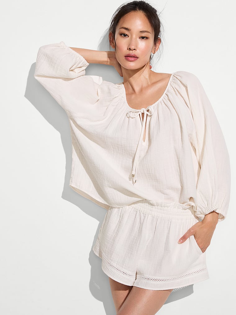 Victoria's Secret, Victoria's Secret Swim Beachwear Cotton Gauze Easy Top, Coconut White, onModelFront, 1 of 3 HyunJoo is 5'9" and wears Small