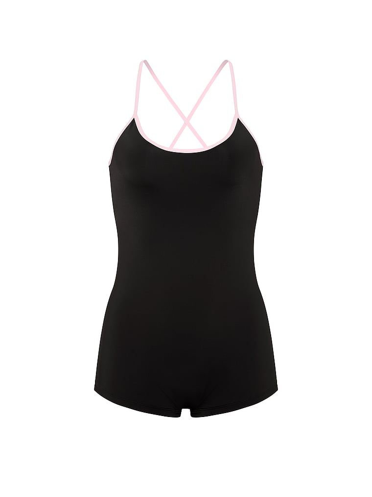 PINK SWIM Strappy Onesie Swimsuit, Black, offModelFront, 3 of 3
