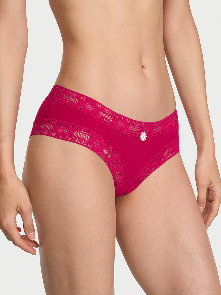 Victoria's Secret, Lace Trim Cotton Pointelle Lace-Waist Cheeky, Vibrant Fuchsia, onModelFront, 1 of 3 HyunJoo is 5'9" and wears Small