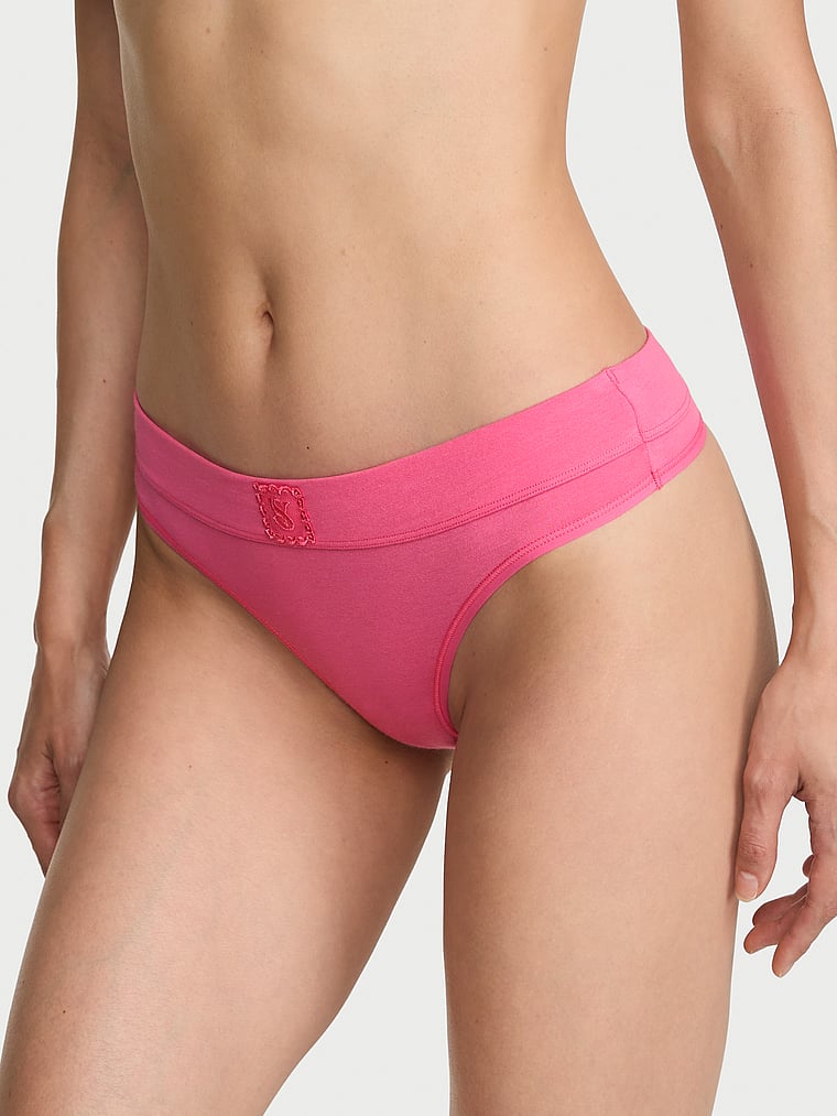 Victoria's Secret, Cotton Logo Cotton Thong Panty, Pink Radiance, onModelFront, 1 of 4 HyunJoo is 5'9" and wears Small