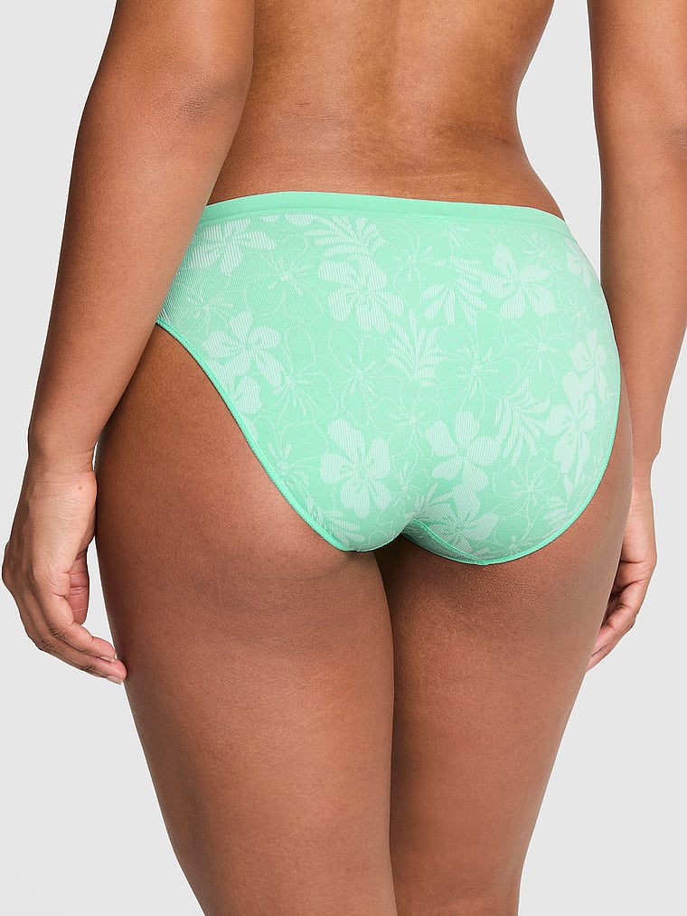 PINK Seamless Bikini Panty, Green Sea Hibiscus Print, onModelBack, 2 of 3