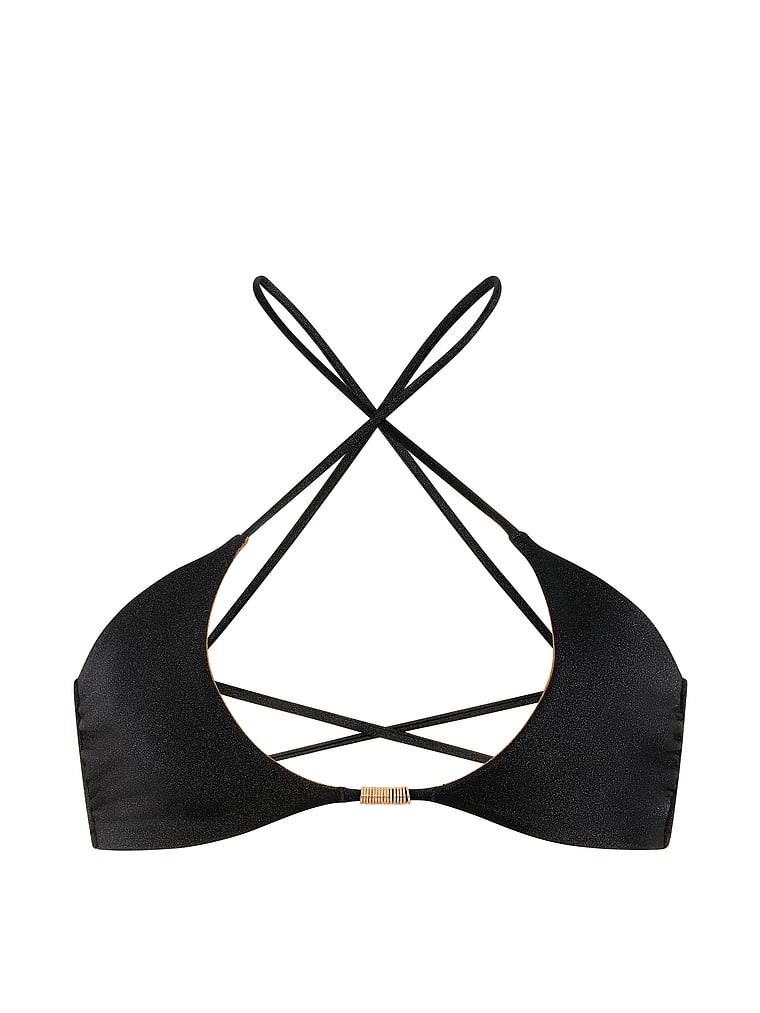 Victoria's Secret, Victoria's Secret Swim Reversible Cut-Out Rings Halter Bikini Top, Perfectly Bronzed Black, offModelFront, 3 of 4