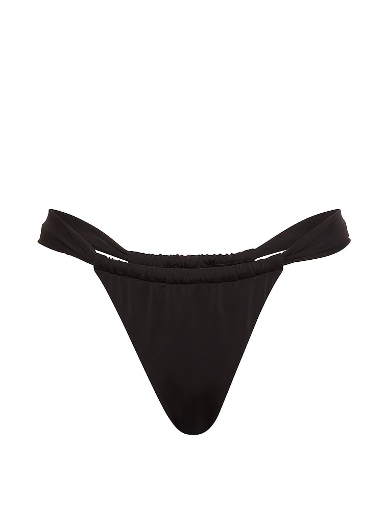 Victoria's Secret, Victoria's Secret Swim Adjustable Ruched Thong Bikini Bottom, Pure Black, offModelFront, 3 of 3
