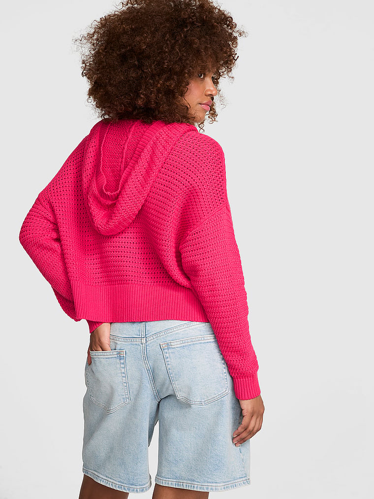 PINK Crochet V-Neck Hoodie, Candy Pink, onModelBack, 2 of 4