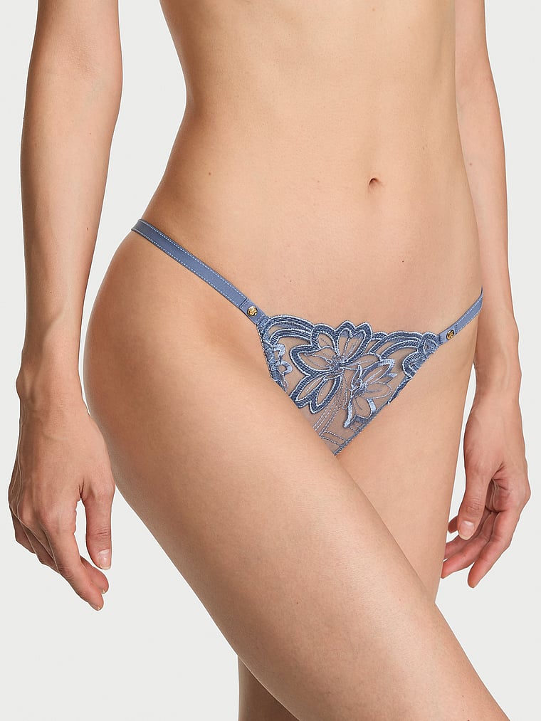 Victoria's Secret, Very Sexy Denim Embroidery Adjustable V-String Panty, Denim Blue, onModelFront, 1 of 4 HyunJoo is 5'9" or 175cm and wears Small