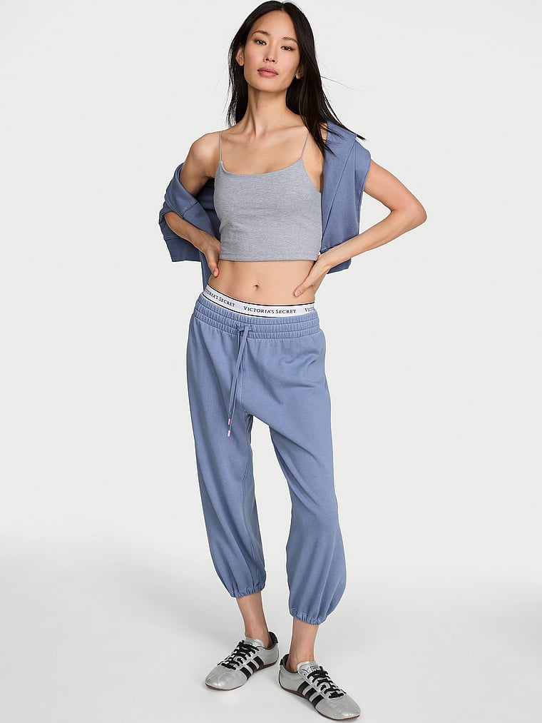 Victoria's Secret, Angel Essentials Off-Duty Terry Crop Jogger Sweatpants, Washed Moonlight Blue, onModelFront, 1 of 4 HyunJoo is 5'9" or 175cm and wears Small