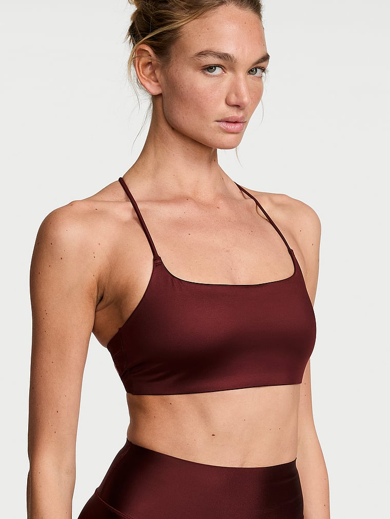 Victoria's Secret, VSX VSX GlossyTech™ Strappy-Back Sports Bra, Cherrywood, onModelFront, 1 of 3
