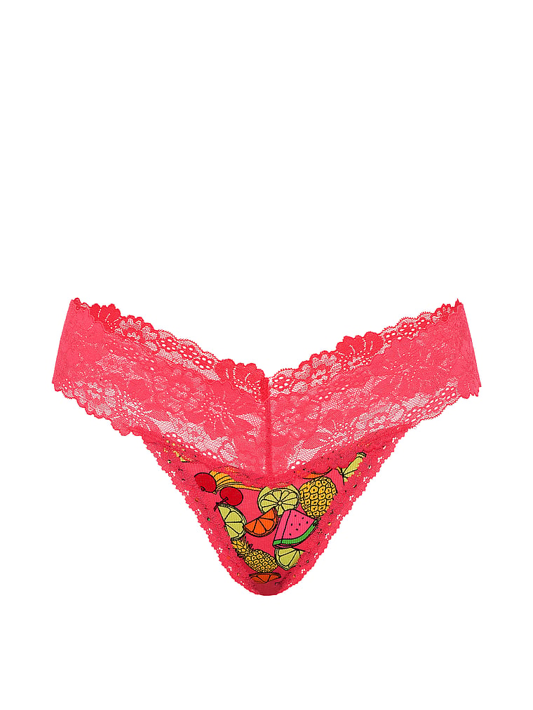 PINK PINK Wink™ Lace-Trim Cotton Thong Panty, Candy Pink Fruit Print, offModelFront, 3 of 3