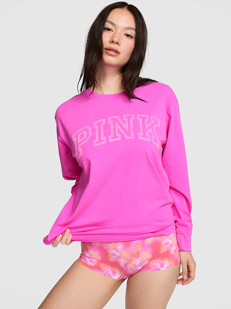 PINK Campus Cotton™ Long-Sleeve Tee, Pink Berry, onModelFront, 1 of 3