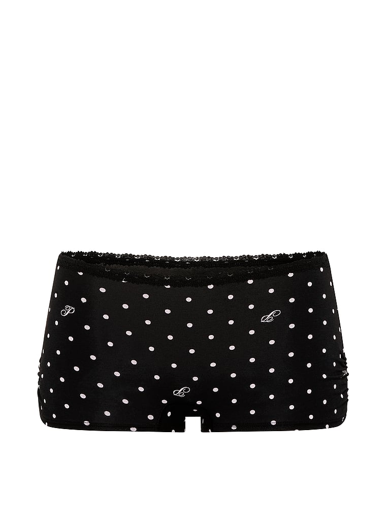 PINK Cotton Dorm Boyshort Panty, Black Dot P Script Print, offModelFront, 3 of 3