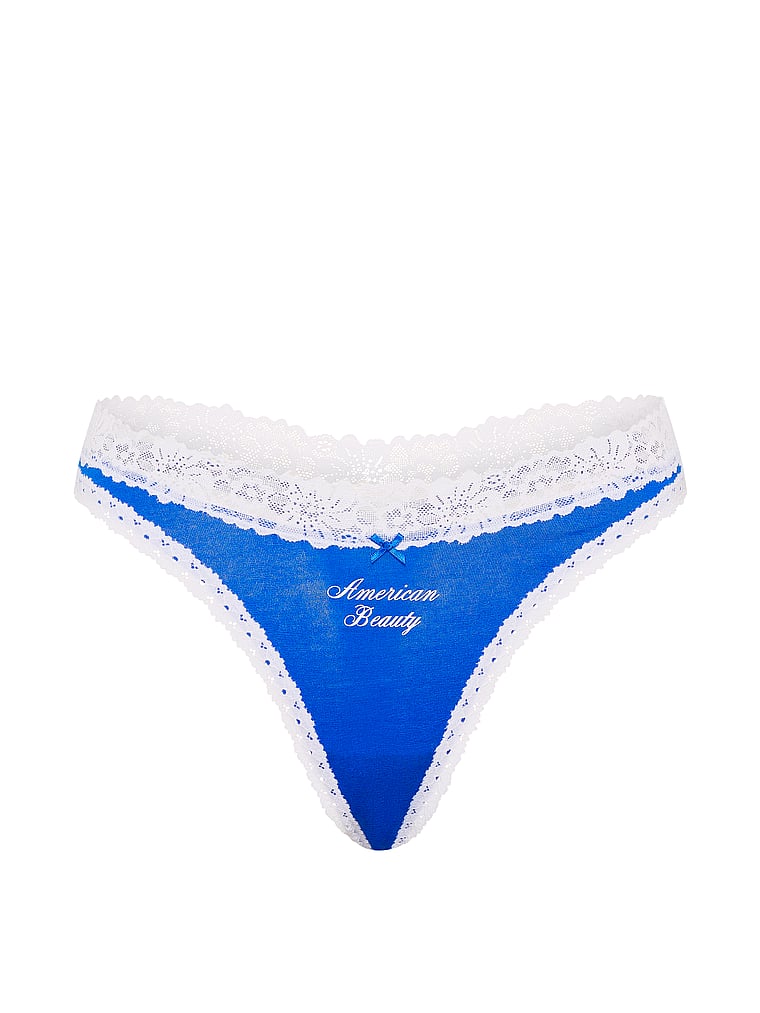 PINK Cotton High-Leg Thong Panty, Strong Blue With White Lace And American Beauty Graphic, offModelFront, 3 of 3