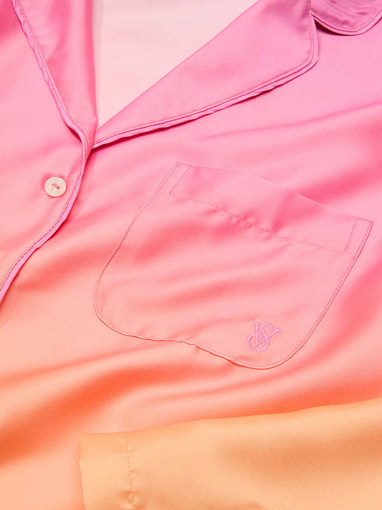 Victoria's Secret, Victoria's Secret Signature Satin Long Pajama Set, Pink/Orange Ombre, onModelBack, 2 of 5