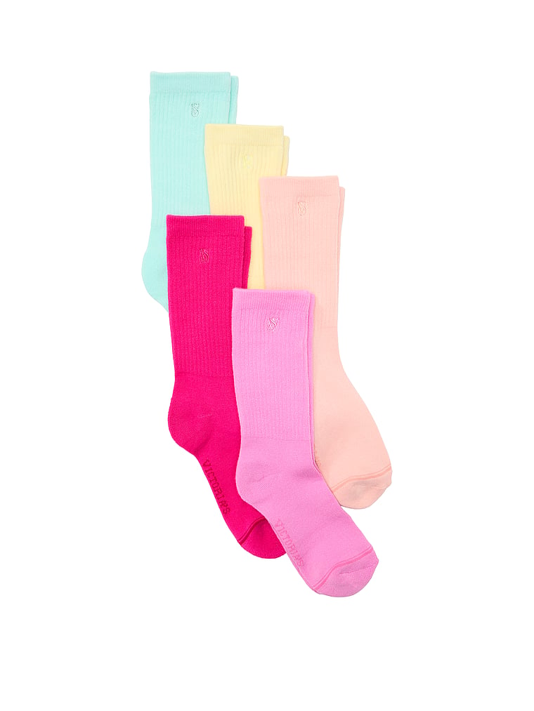 Victoria's Secret, Victoria's Secret 5-Pack Crew Socks Boxed Gift Set, Pink Gin, Pink Sugar, Pop Pink, Sunny Honey, Waterfall, onModelFront, 1 of 2