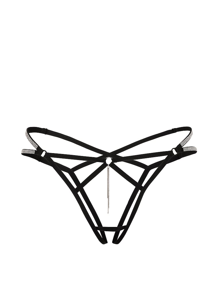 Victoria's Secret, Very Sexy Shine Strappy Peekaboo Brazilian Panty, Black, offModelFront, 3 of 4