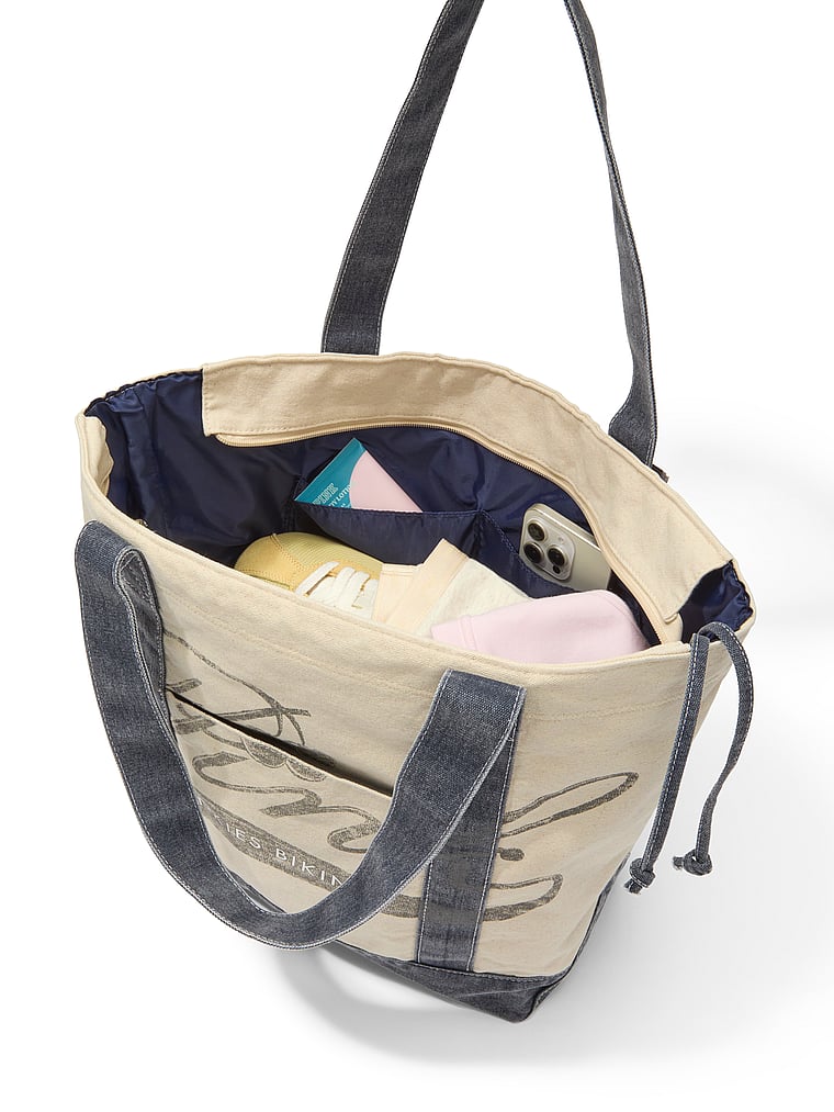 PINK by Frankies Bikinis PINK by Frankies Bikinis Canvas Tote Bag, Natural/Midnight Navy, detail, 4 of 4
