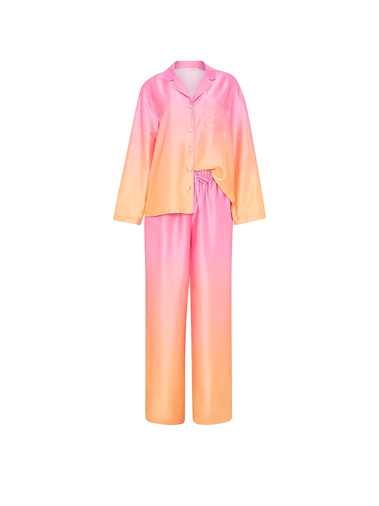 Victoria's Secret, Victoria's Secret Signature Satin Long Pajama Set, Pink/Orange Ombre, offModelFront, 4 of 5
