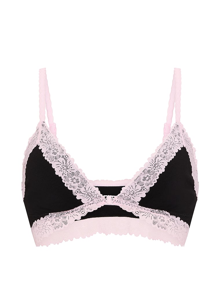 PINK Cotton Unlined Lace-Trim Front-Close Triangle Bralette, Black, offModelFront, 3 of 3