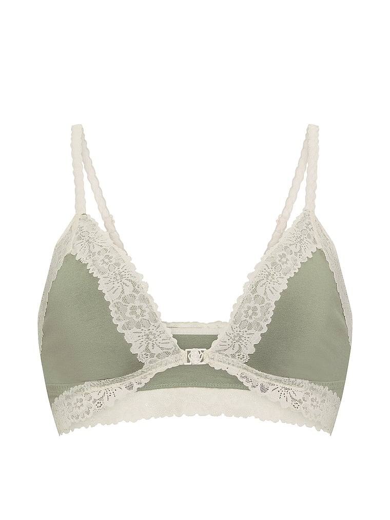 PINK Cotton Unlined Lace-Trim Front-Close Triangle Bralette, Slate Green, offModelFront, 3 of 3