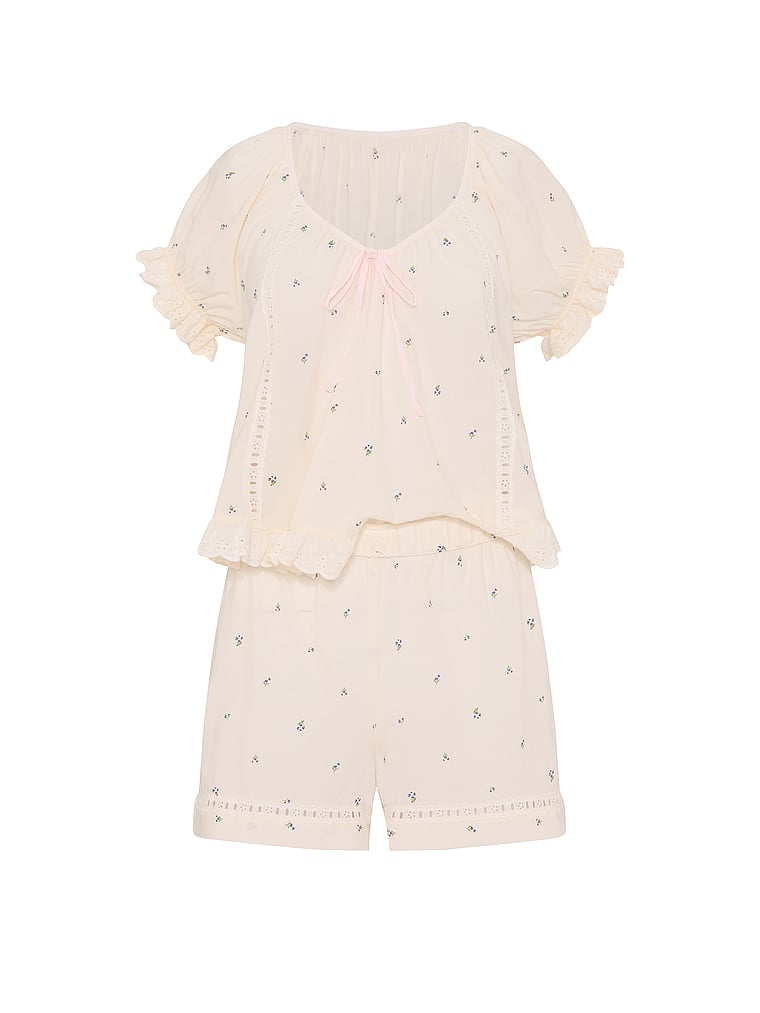 Victoria's Secret, Victoria's Secret Cotton Dream Puff-Sleeve Short Pajama Set, Coconut White Floral, offModelFront, 3 of 3