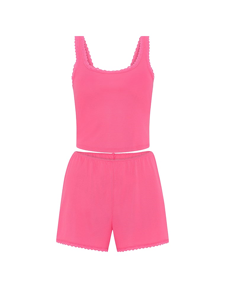 Victoria's Secret, Victoria's Secret Cotton Shadow Stripe Cropped Tank & Shorts Set, Bombshell Pink, offModelFront, 3 of 4
