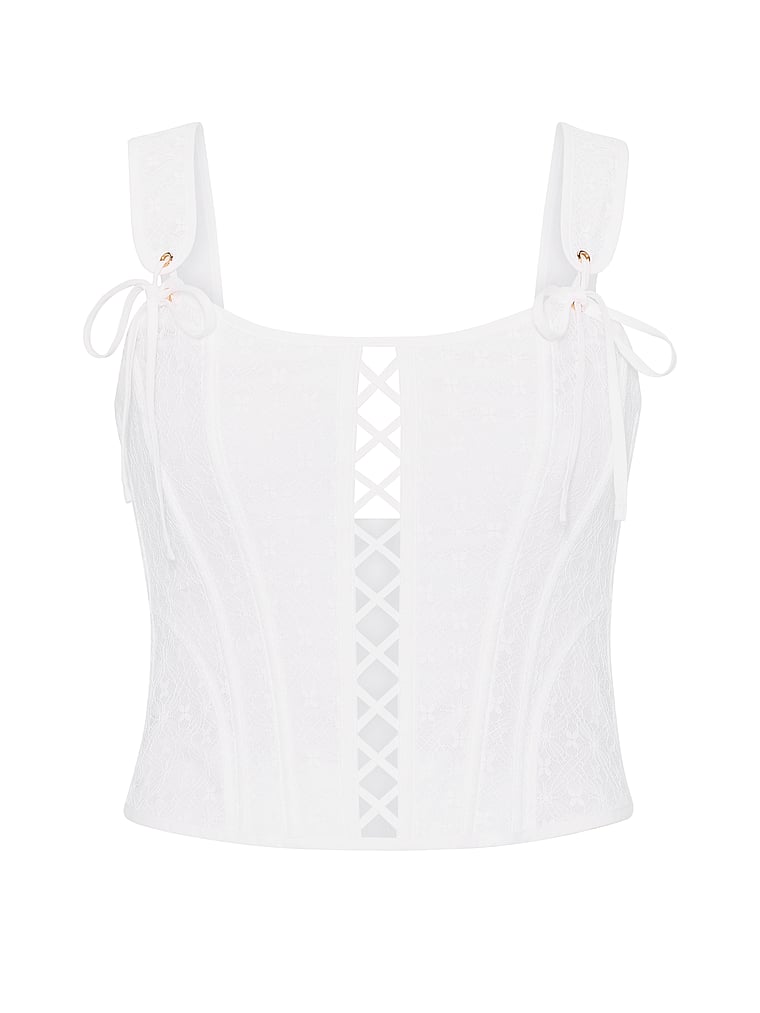Victoria's Secret, Dream Angels Lace & Cotton Corset Top, VS White, offModelFront, 3 of 3