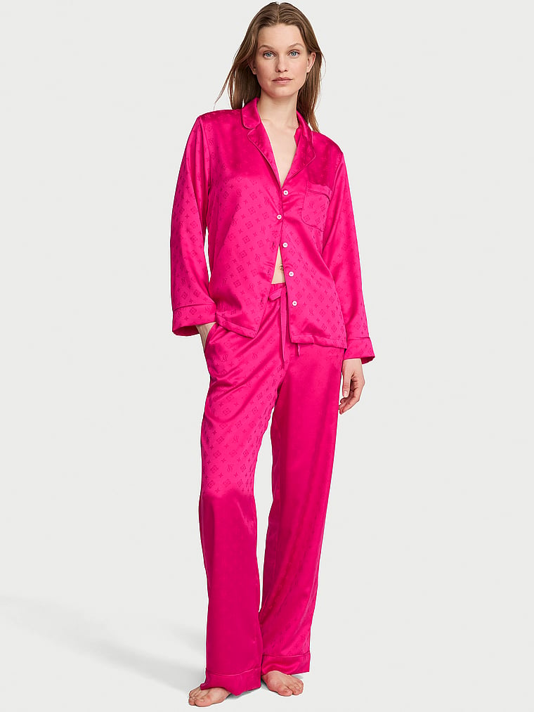 Victoria's Secret, Victoria's Secret Signature Satin Long Pajama Set, Pop Pink, onModelFront, 1 of 3 Lotta is 5'10" or 178cm and wears S/Regular