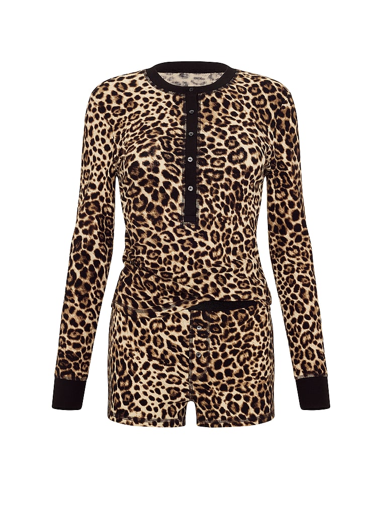 Victoria's Secret, Victoria's Secret Soft Thermal Henley Short Pajama Set, Leopard, offModelFront, 3 of 3