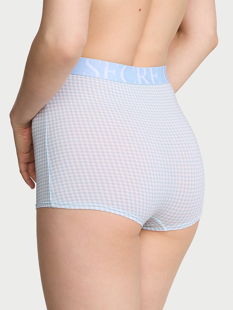 Victoria's Secret, Cotton Logo Cotton High-Waist Boyshort Panty, Linen Blue Gingham, onModelBack, 2 of 3 Lotta is 5'10" or 178cm and wears Small