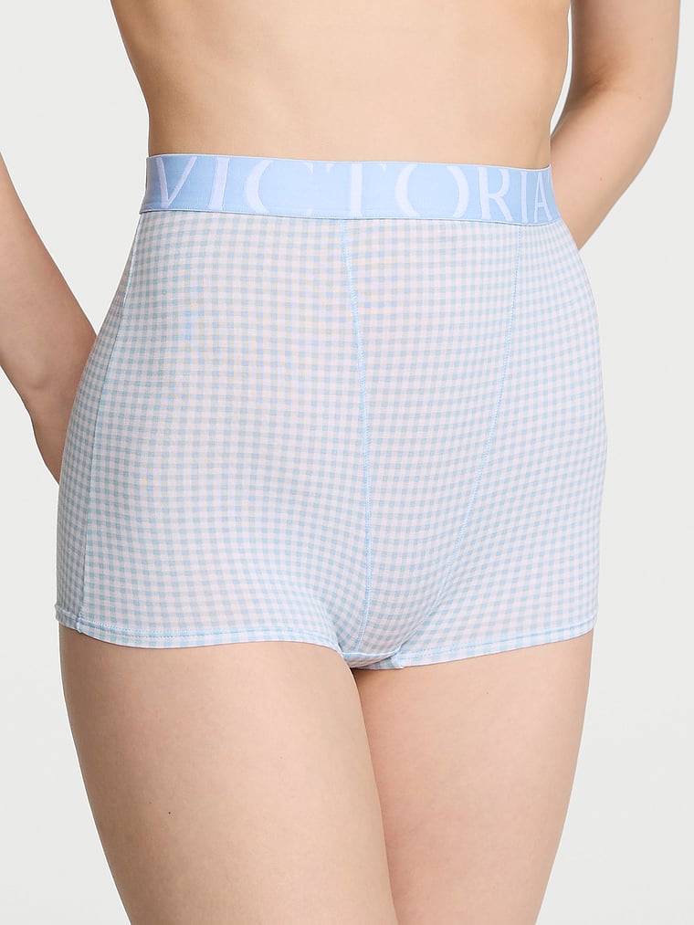 Victoria's Secret, Cotton Logo Cotton High-Waist Boyshort Panty, Linen Blue Gingham, onModelFront, 1 of 3 Lotta is 5'10" or 178cm and wears Small
