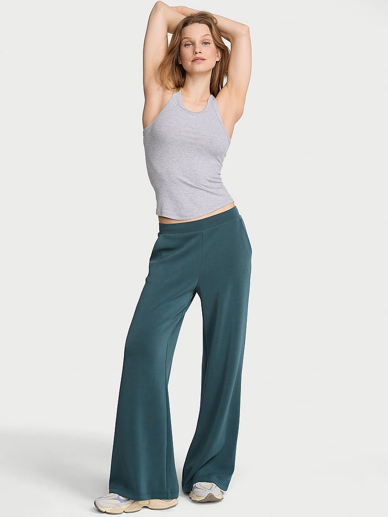 Victoria's Secret, VSX Featherweight Knit Wide-Leg Pant, Teal Haze, onModelFront, 1 of 3 Lotta is 5'10" or 178cm and wears Small