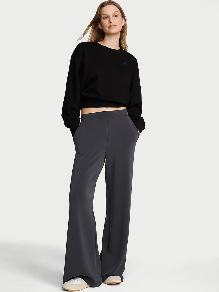 Victoria's Secret, VSX Featherweight Knit Wide-Leg Pant, Pure Black, onModelFront, 1 of 3 Lotta is 5'10" or 178cm and wears Small