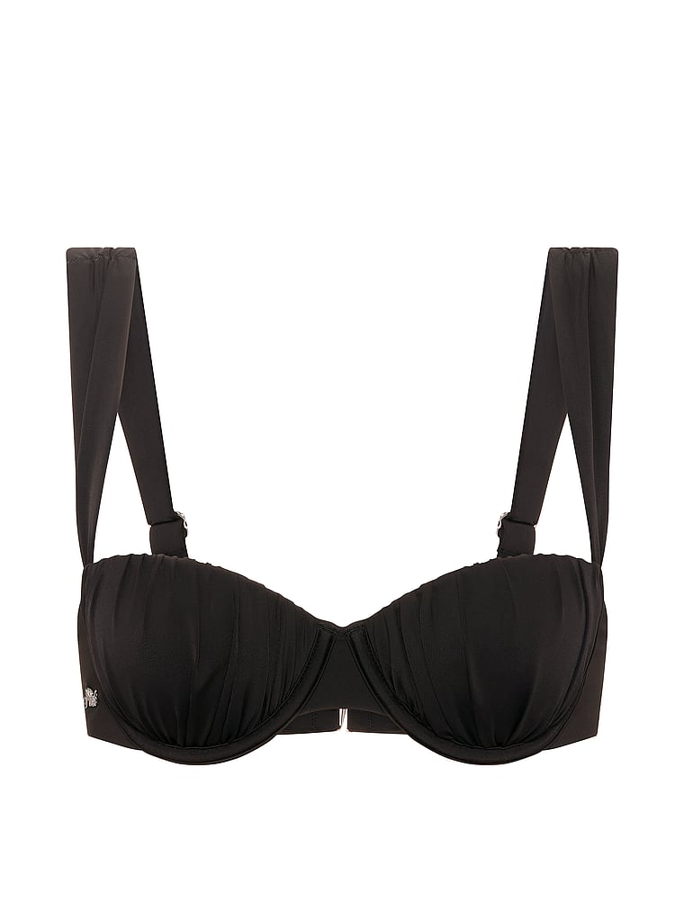 PINK SWIM Ruched Push-Up Balconette Bikini Top, Black, offModelFront, 3 of 3