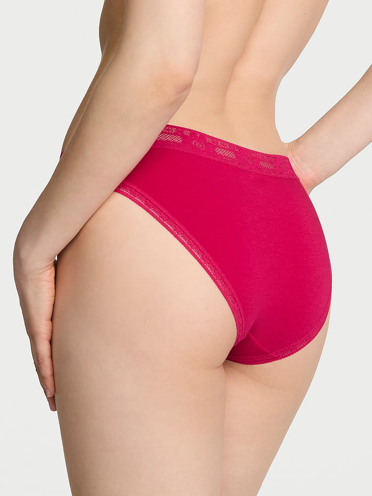 Victoria's Secret, Lace Trim Cotton Pointelle Lace-Trim Bikini Panty, Vibrant Fuchsia, onModelBack, 2 of 3 Lotta is 5'10" or 178cm and wears Small