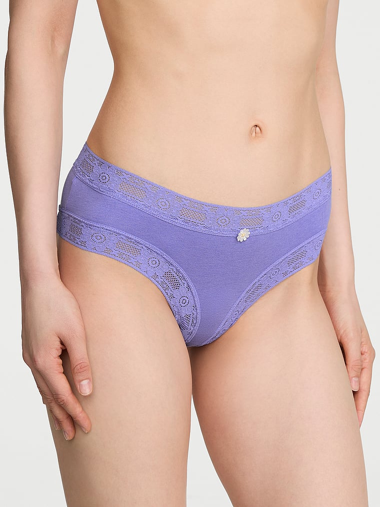Victoria's Secret, Lace Trim Cotton Pointelle Lace-Waist Cheeky, Periwinkle, onModelFront, 1 of 3 Lotta is 5'10" and wears Small
