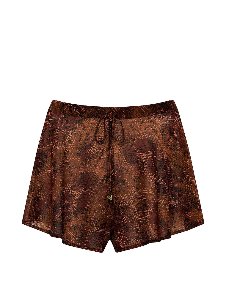 Victoria's Secret, Victoria's Secret Swim Beachwear Sheer Crinkle Flutter Short, Serpentine Brown, offModelFront, 3 of 3