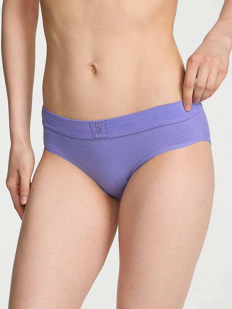 Victoria's Secret, Cotton Logo Cotton Shine Patch Hiphugger Panty, Periwinkle, onModelFront, 1 of 3 Lotta is 5'10" and wears Small