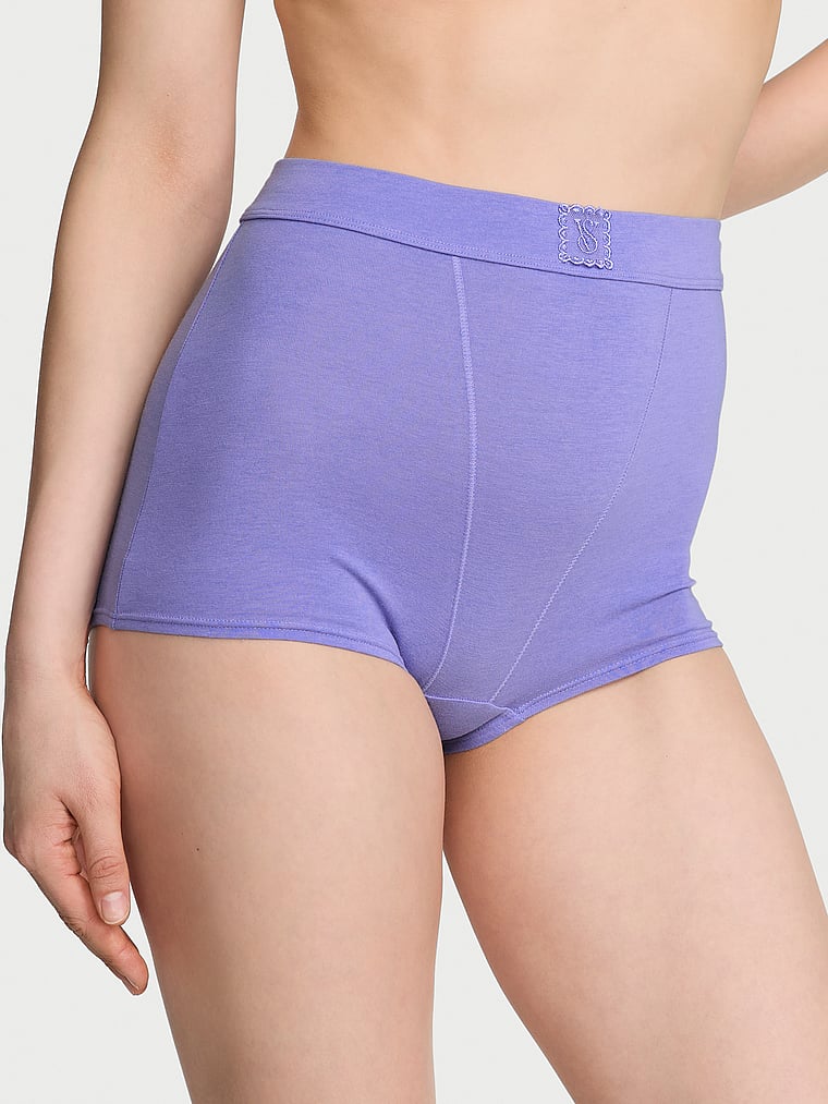 Victoria's Secret, Cotton Logo Cotton High-Waist Boyshort Panty, Periwinkle, onModelFront, 1 of 3 Lotta is 5'10" and wears Small