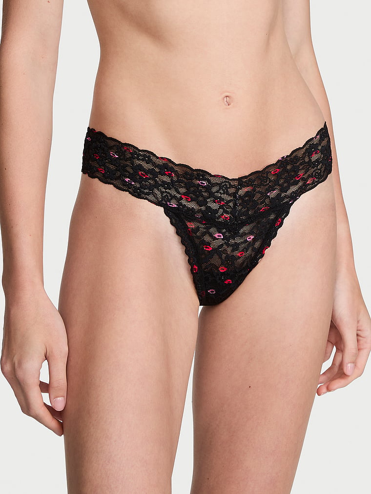 Victoria's Secret, The Lacie Lace Lace-Up Thong Panty, Black Kisses, onModelFront, 1 of 3