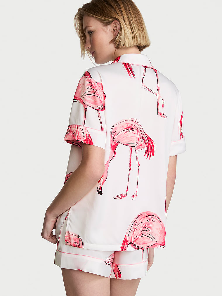 Victoria's Secret, Victoria's Secret Signature Satin Short Pajama Set, Coconut White Flamingos, onModelSide, 2 of 5
