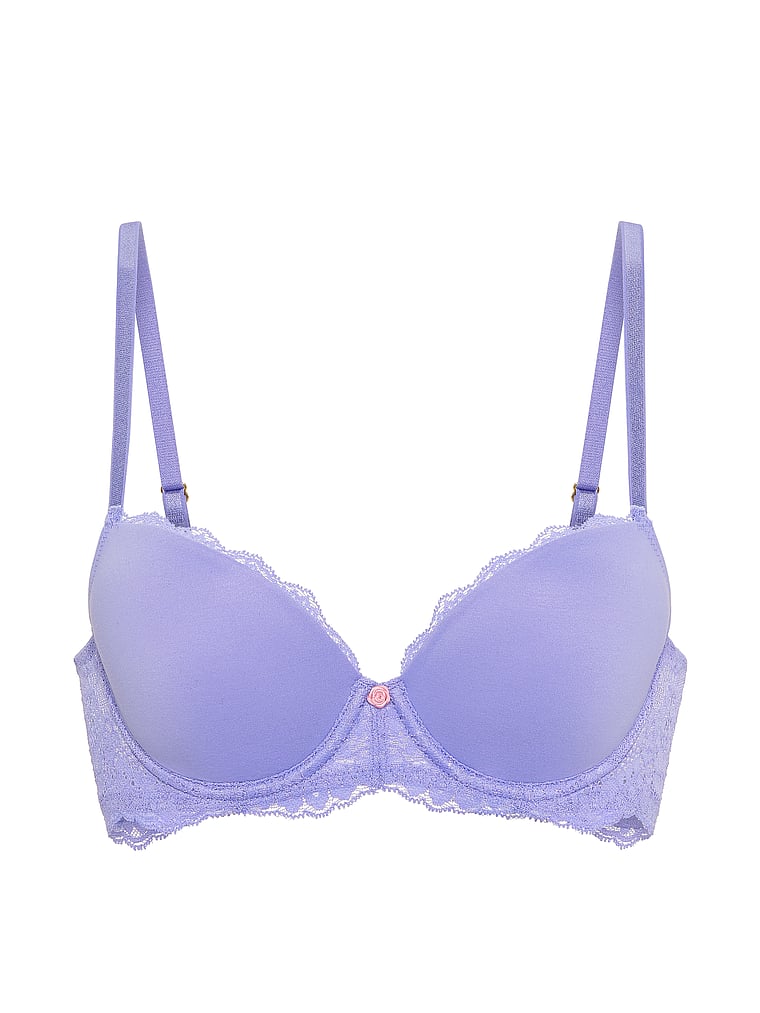 Victoria's Secret, Dream Angels Smooth & Lace Lightly Lined Demi Bra, Periwinkle, offModelFront, 3 of 4