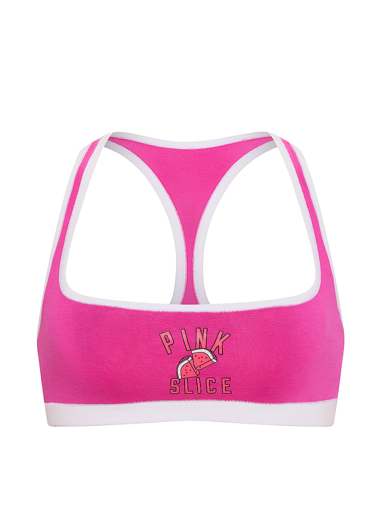 PINK Cotton Unlined Racerback Bralette, Pink Fire Watermelon, offModelFront, 3 of 3