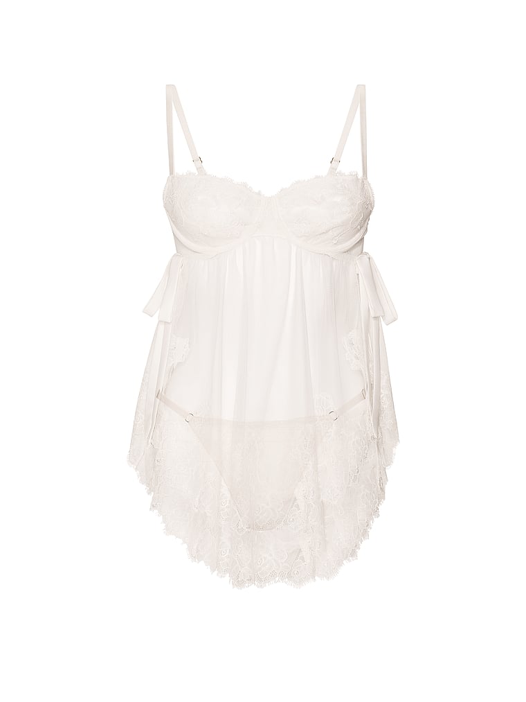 Victoria's Secret, Very Sexy Wicked Sheer Unlined Lace-Trim Babydoll Set, White/Ivory, offModelFront, 3 of 3
