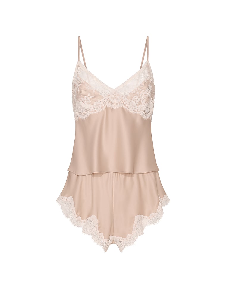 Victoria's Secret, Dream Angels Satin Lace-Trim Cami & Flutter Shorts Set, Oyster, offModelFront, 3 of 3