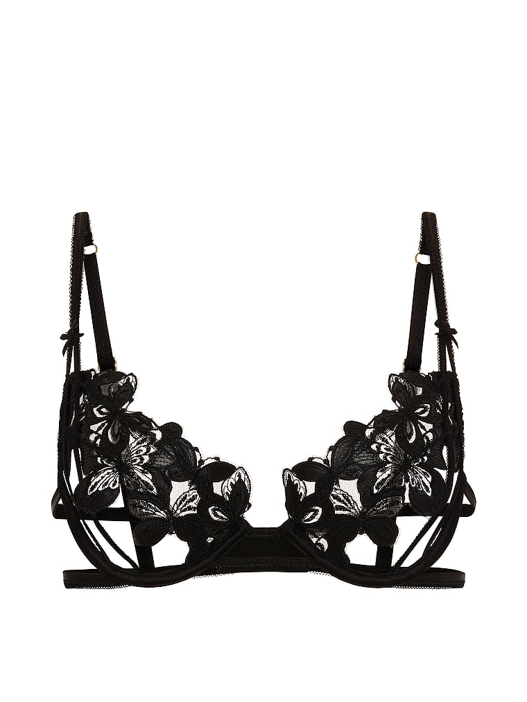Victoria's Secret, Very Sexy Butterflies Embroidery Peekaboo Bra, Black, offModelFront, 3 of 3