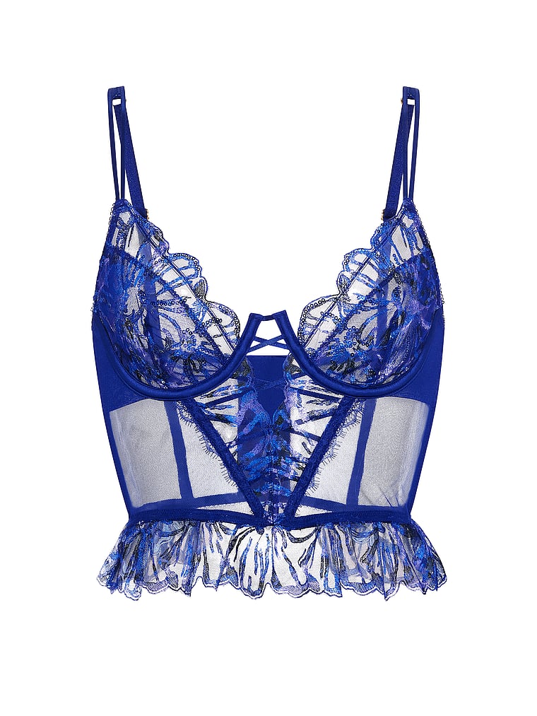Victoria's Secret, Very Sexy Party Floral Sequin Embroidery Plunge Bra Top, Blue Party Floral, offModelFront, 4 of 5