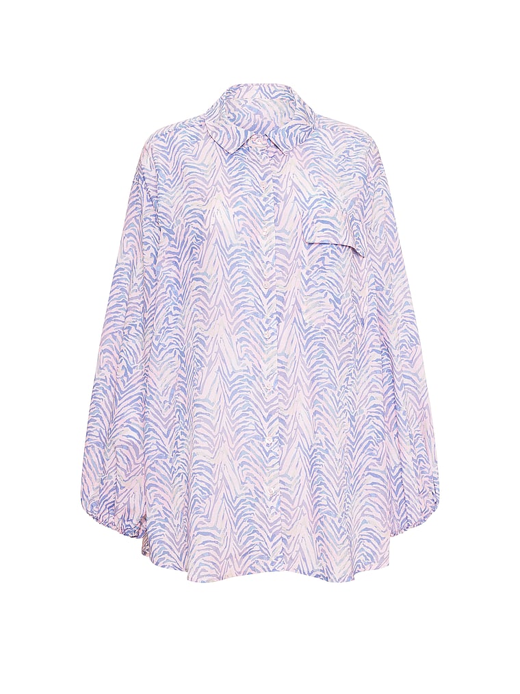 Victoria's Secret, Victoria's Secret Swim Beachwear Voile Oversized Button-Front Shirt, Soft Pink Zebra, offModelFront, 3 of 3